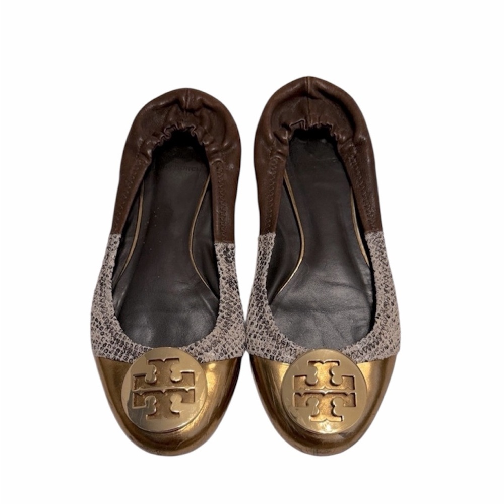 Tory Burch Brown and Gold Flats with Textured Accents